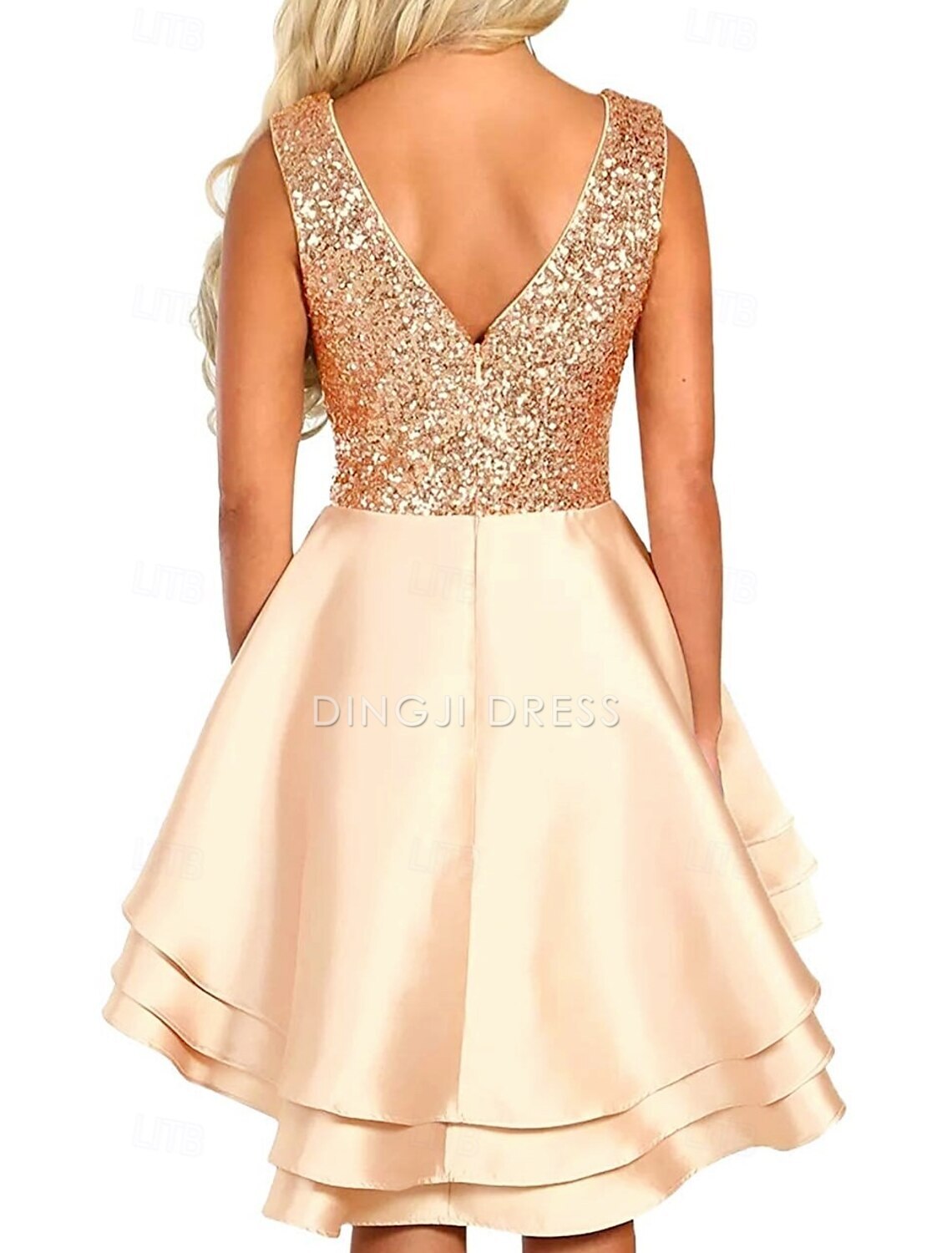 DingJiDress Hot Sale Short Prom Dress Sparkle A-Line V Neck Party Dress Cocktail Party Asymmetrical Sleeveless Satin with Sequin Tiered New Homecoming Dress