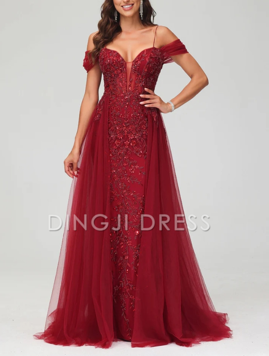 DingJiDress Evening Dress A-Line Off the Shoulder Beaded Tulle Applique Dress Train Intricate Fashion Formal Dress