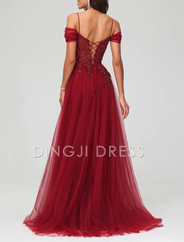 DingJiDress Evening Dress A-Line Off the Shoulder Beaded Tulle Applique Dress Train Intricate Fashion Formal Dress