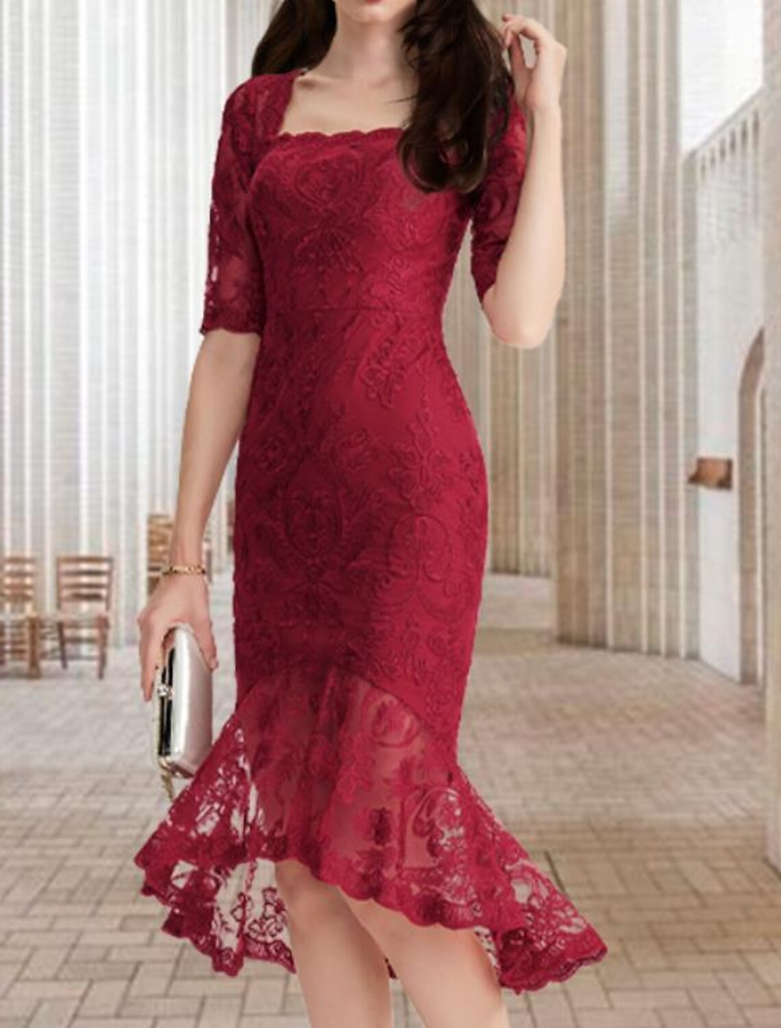 Mother of the Bride Dress Vintage Elegant High Low Square Neck Asymmetrical Lace Half Sleeve with Ruffles Appliques