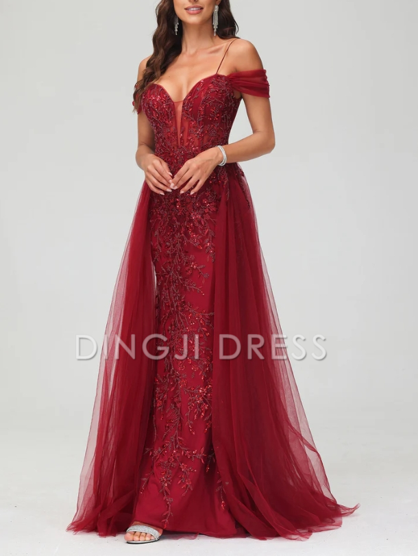 DingJiDress Evening Dress A-Line Off the Shoulder Beaded Tulle Applique Dress Train Intricate Fashion Formal Dress