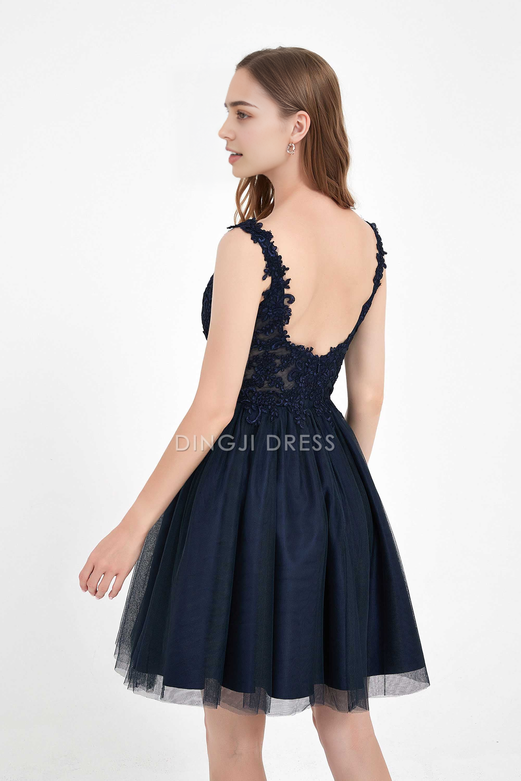 DingJiDress Hot Sale Homecoming Dress Exquisite A Line V Neck Sleeveless Backless Lace Applique Tulle Cute Short Dress