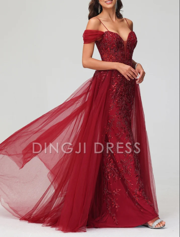 DingJiDress Evening Dress A-Line Off the Shoulder Beaded Tulle Applique Dress Train Intricate Fashion Formal Dress