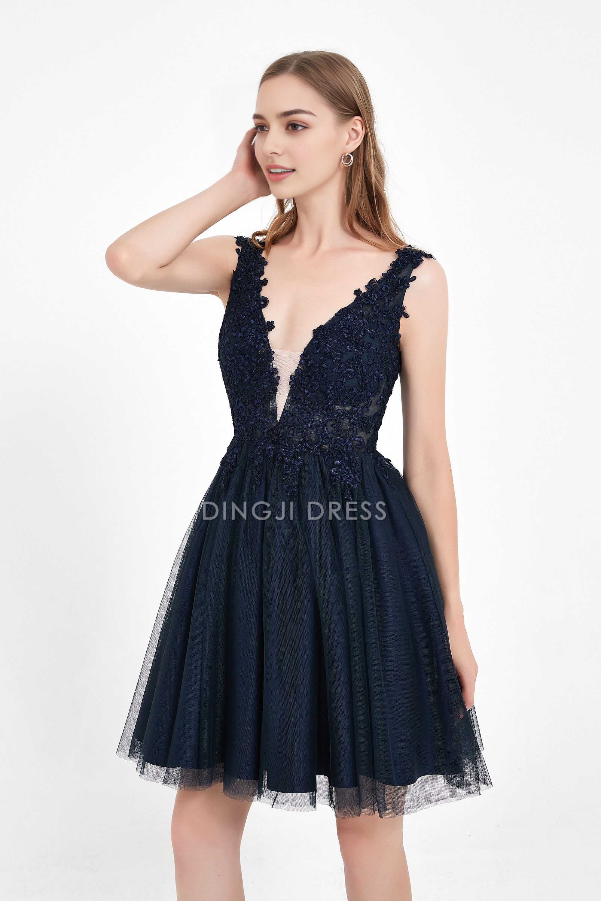 DingJiDress Hot Sale Homecoming Dress Exquisite A Line V Neck Sleeveless Backless Lace Applique Tulle Cute Short Dress