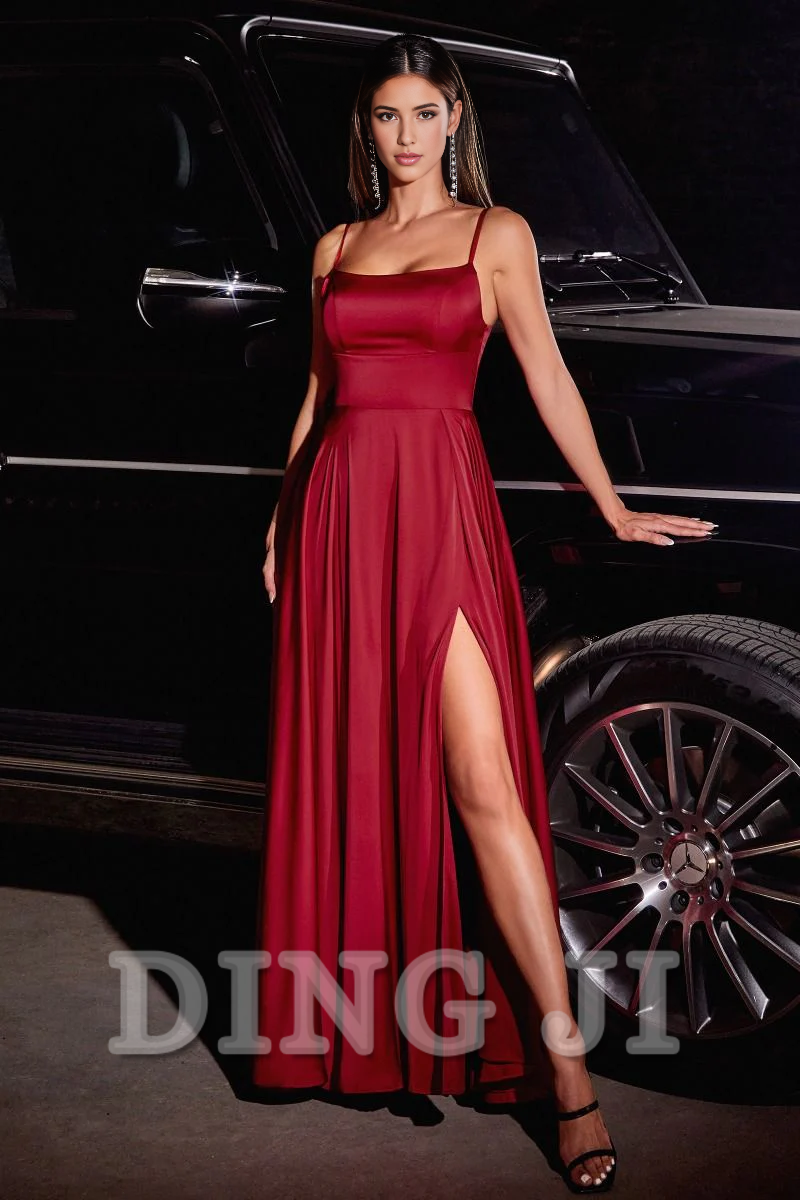DingJiDress Bridesmaid Dresses Satin A-line Spaghetti Strap Side Fork Elegant Simple Dress Wedding Guests Dresses
