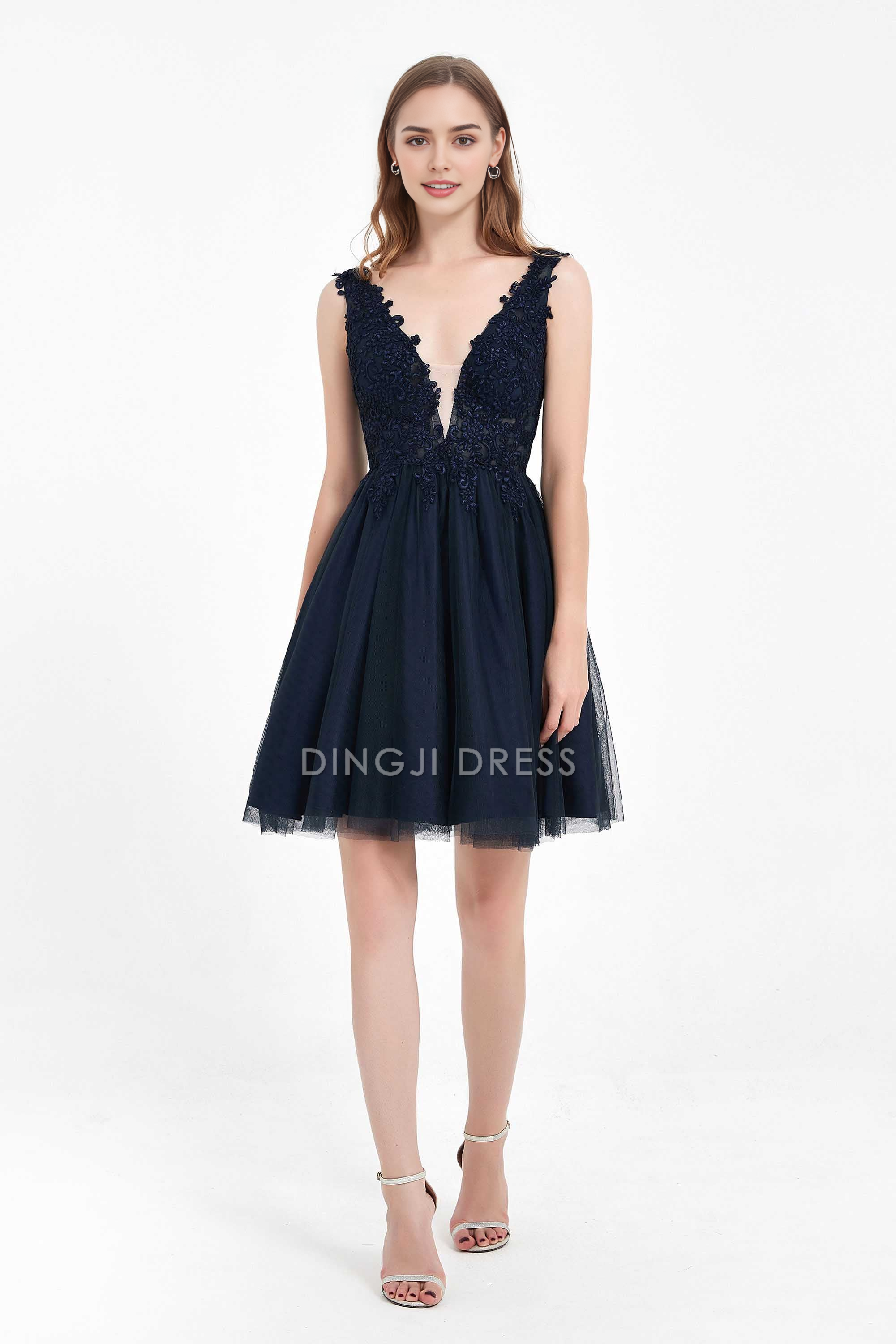 DingJiDress Hot Sale Homecoming Dress Exquisite A Line V Neck Sleeveless Backless Lace Applique Tulle Cute Short Dress