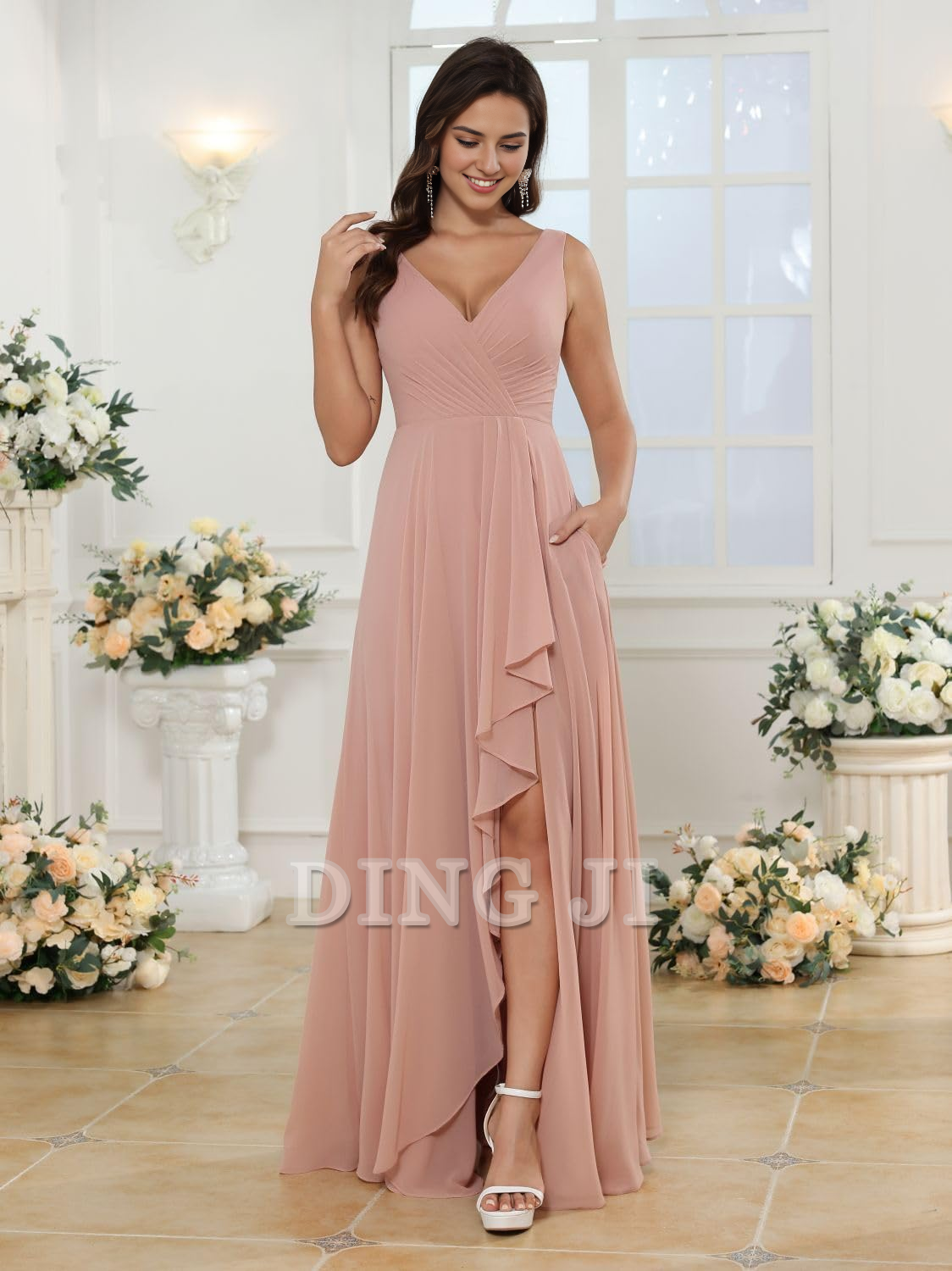 DingJiDress Bridesmaid Dresses A-line V Neck Chiffon Ruched Side Fork Elegant Simple Formal Wear Dresses