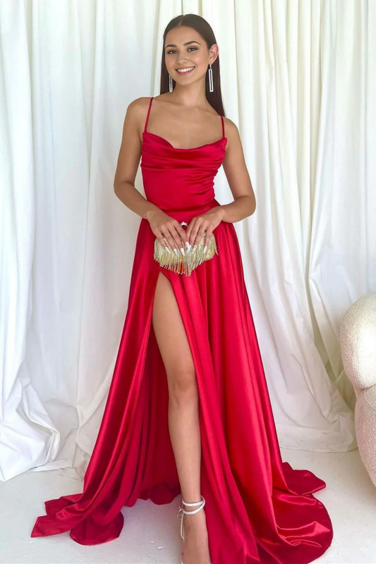 DingJiDress Simple A Line Spaghetti Straps Long Backless Criss Cross Elegant Prom Dress