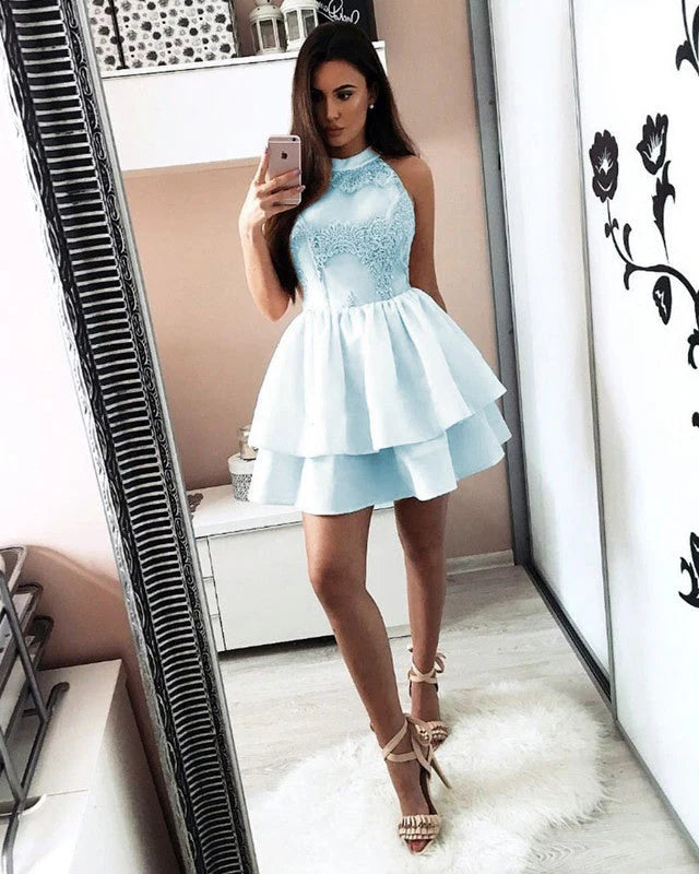 DingJiDress Short Prom Dress A Line Sleeveless Short Two Layers Appliques Elegant Homecoming Dress