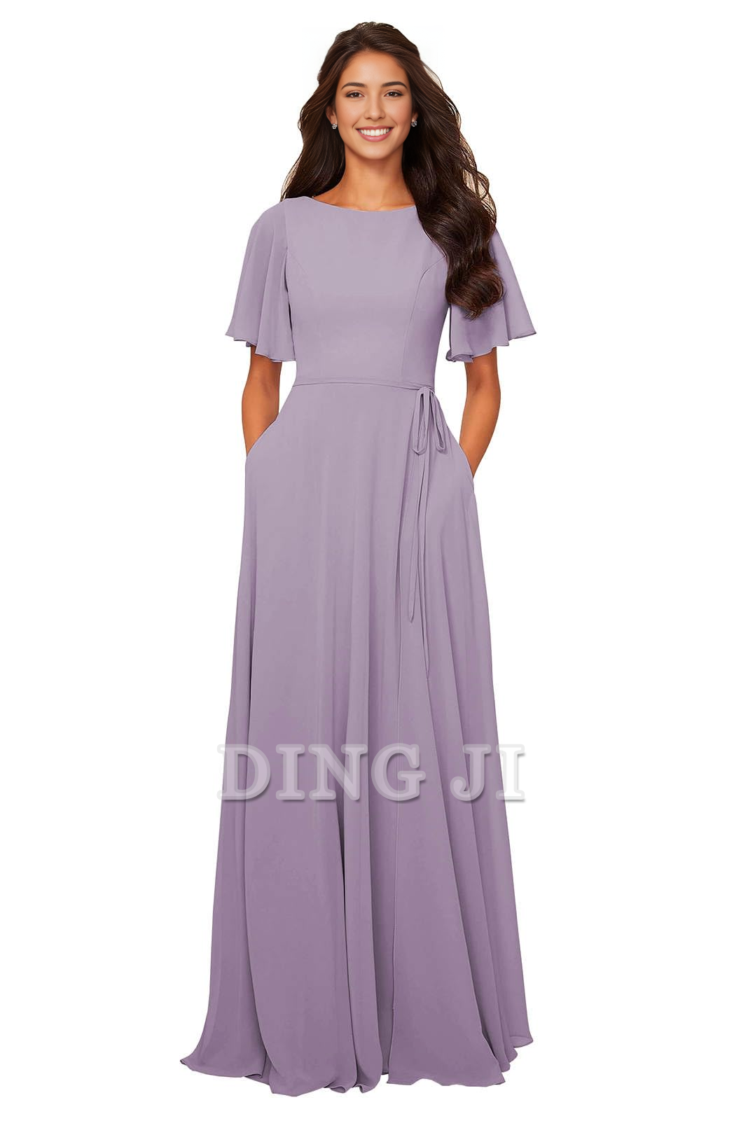 DingJiDress Bridesmaid Dresses Chiffon Modest A Line Bateau Neck Flutter Sleeve Elegant Formal Wear Dresses