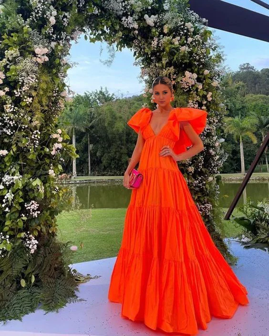 DingJiDress A-Line Deep V Neck Short Sleeves Pleated Long Exquisite Adoration Prom Dress
