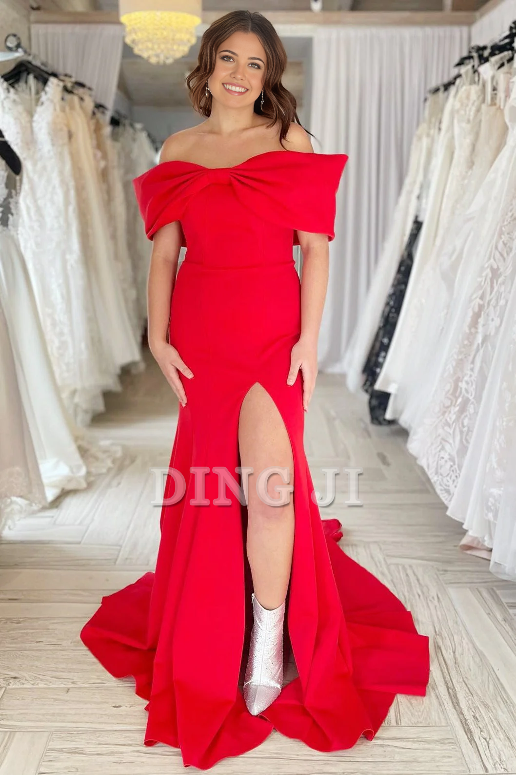 DingJiDress Evening Dress Off-the-Shoulder Bow Mermaid Cultivate oneself Gown with Slit Elegant Exquisite Formal Women's Dresses Wedding Guest Dresses