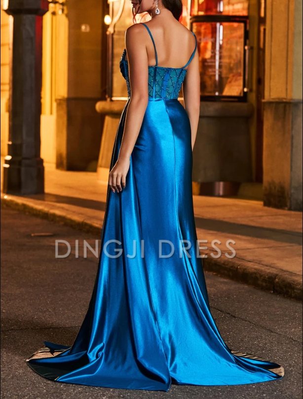 DingJiDress Evening Dress Sweetheart Spaghetti Straps Rhinestone Corset Top Pleated Side Fork Sweep Train Formal Dress