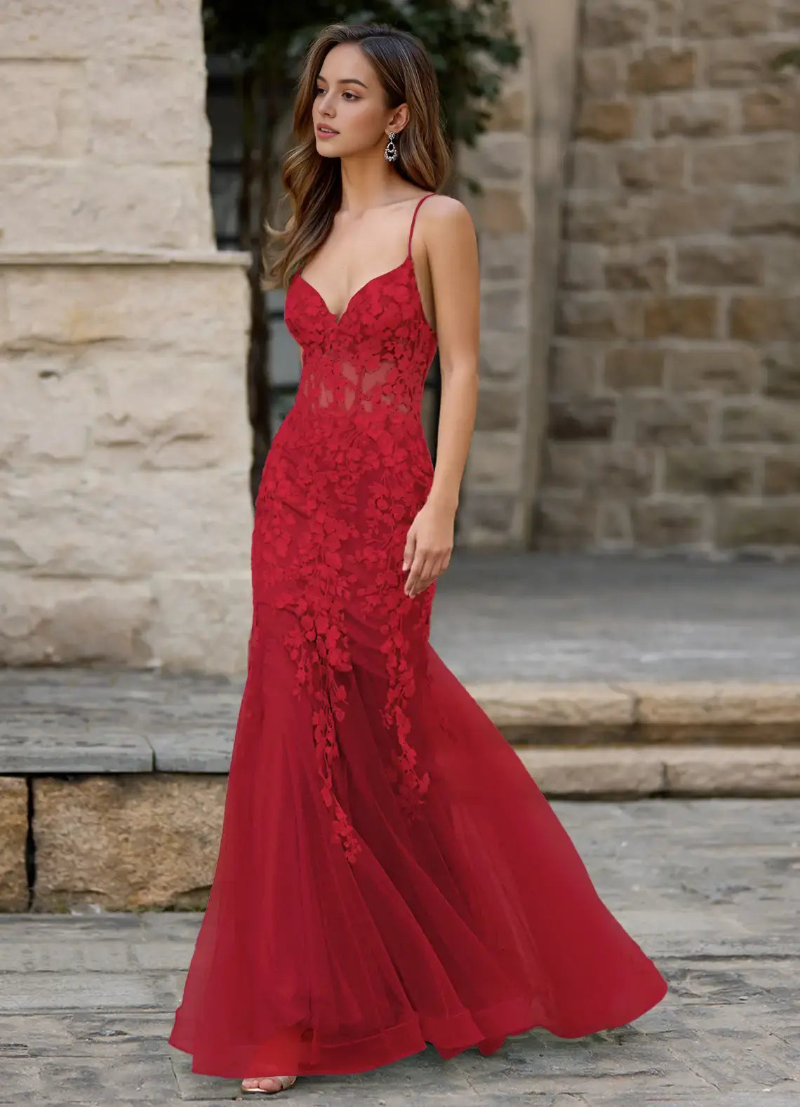 Elegant Red Mermaid Spaghetti Strap Deep V Neck Lace Applique Backless Affordable Formal Dress Exquisite Prom Dress