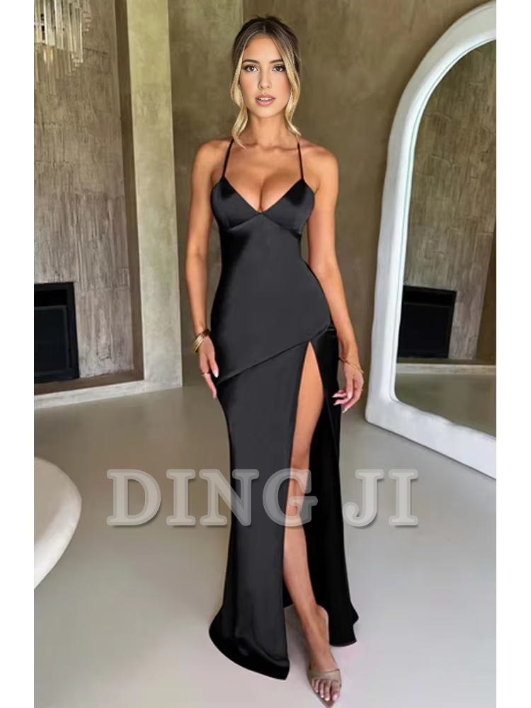 DingJiDress Evening Dress Bandage Backless Elegant Dress Side Fork Spaghetti Strap Slim Cocktail Party Club Fashion Satin Solid Lace-Up Long Dresses Formal Wear Dresses