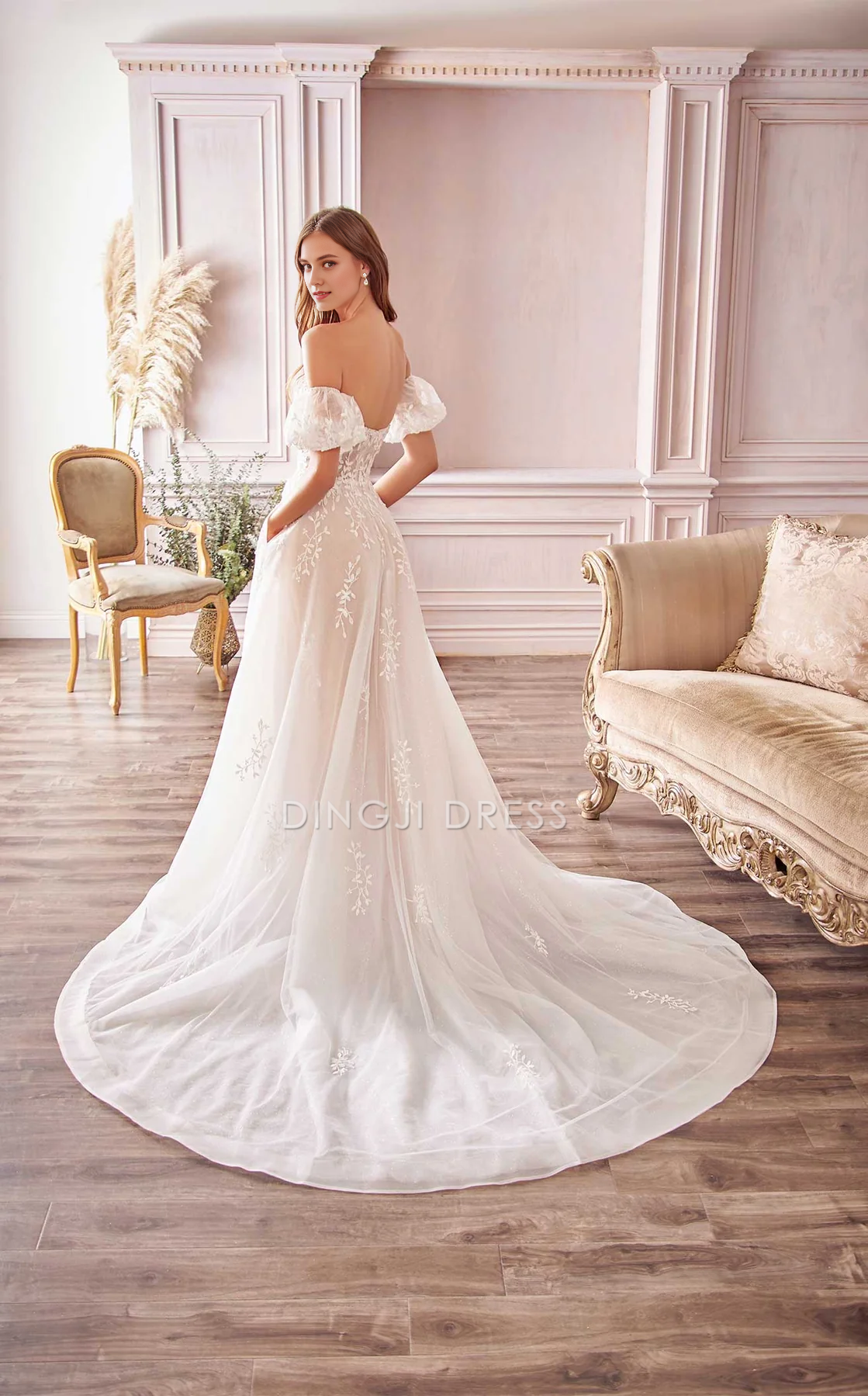 DingJiDress Hot Sale Wedding Dress Elegant A Line Off Shoulde Sweetheart Neckline Short Sleeves Backless Exquisite Lace Formal Wear Dresses