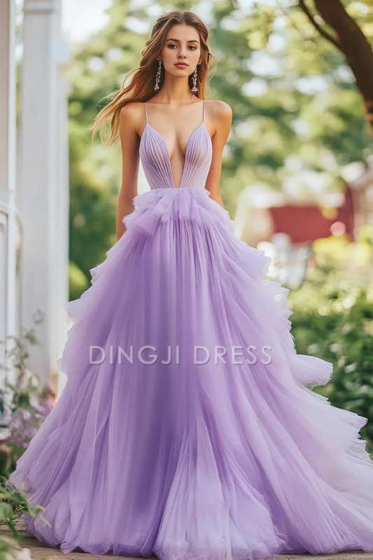 DingJiDress High Quality Dress Fantastic A Line Deep V Neck Tulle Ruffled Spaghetti Straps Long Prom Dress