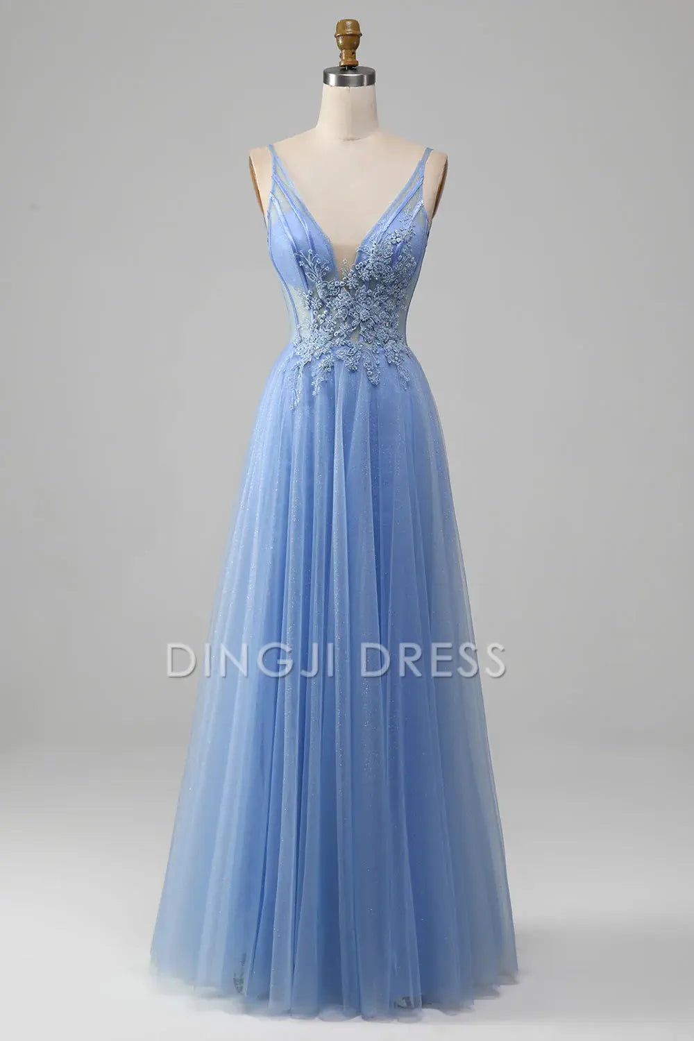 DingJiDress High Quality Dress Evening Dress Exquisite A-Line V Neck Sleeveless Backless Tulle Appliques Long Prom Dress
