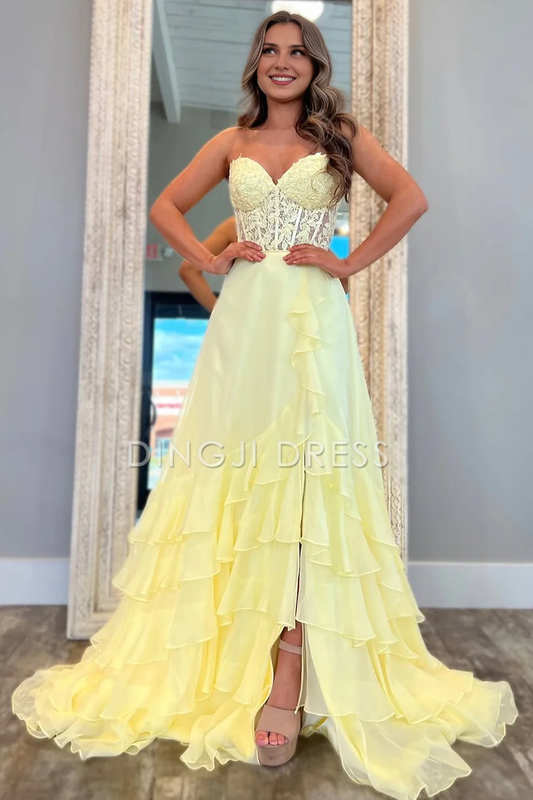 DingJiDress Lovely A-Line Sweetheart Lace Top Chiffon With Ruffle Elegant Prom Dress