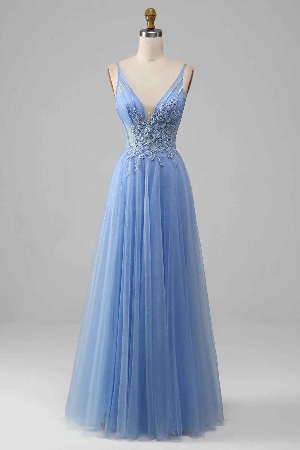 DingJiDress High Quality Dress Evening Dress Exquisite A-Line V Neck Sleeveless Backless Tulle Appliques Long Prom Dress