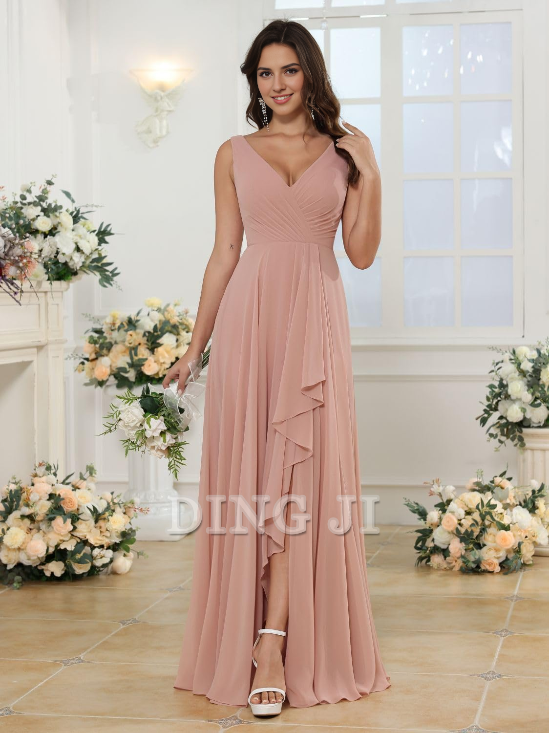 DingJiDress Bridesmaid Dresses A-line V Neck Chiffon Ruched Side Fork Elegant Simple Formal Wear Dresses