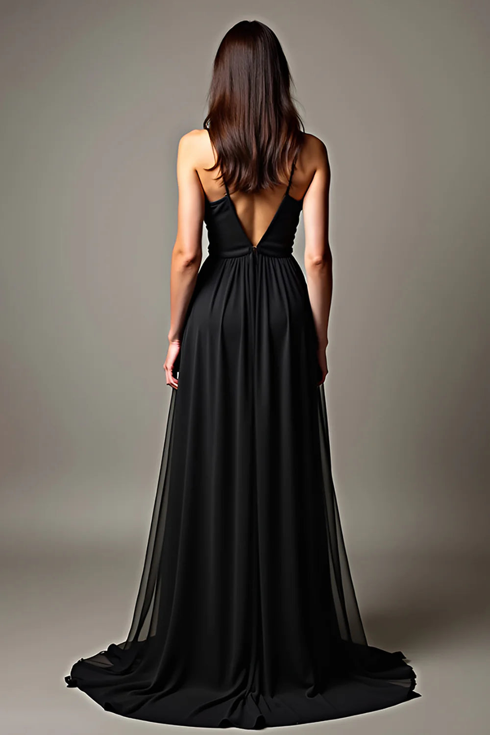 Elegant Black Tulle A Line Spaghetti Strap Deep V-Neck Sleeveless Ruched Backless Long Formal Dress Hot Sale Evening Dress