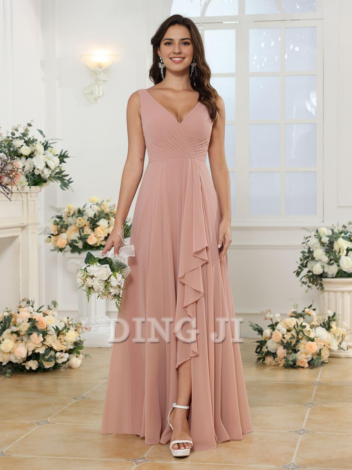 DingJiDress Bridesmaid Dresses A-line V Neck Chiffon Ruched Side Fork Elegant Simple Formal Wear Dresses
