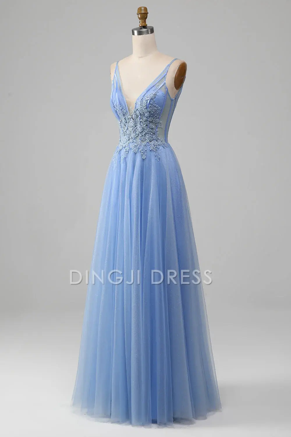 DingJiDress High Quality Dress Evening Dress Exquisite A-Line V Neck Sleeveless Backless Tulle Appliques Long Prom Dress