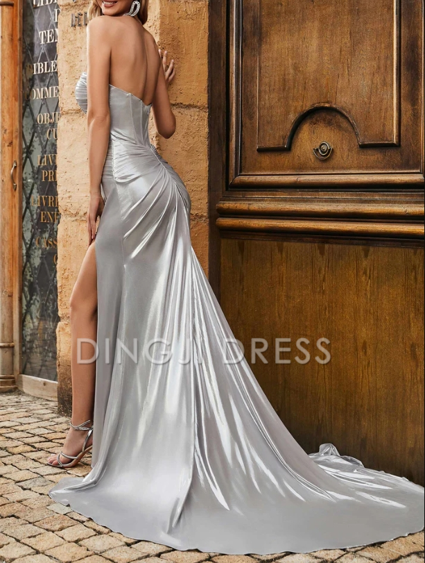 DingJiDress Evening Dress Sheath Sweetheart Strapless Pleated Corset Backless Side Fork Sweep Train Elegant Formal Dress