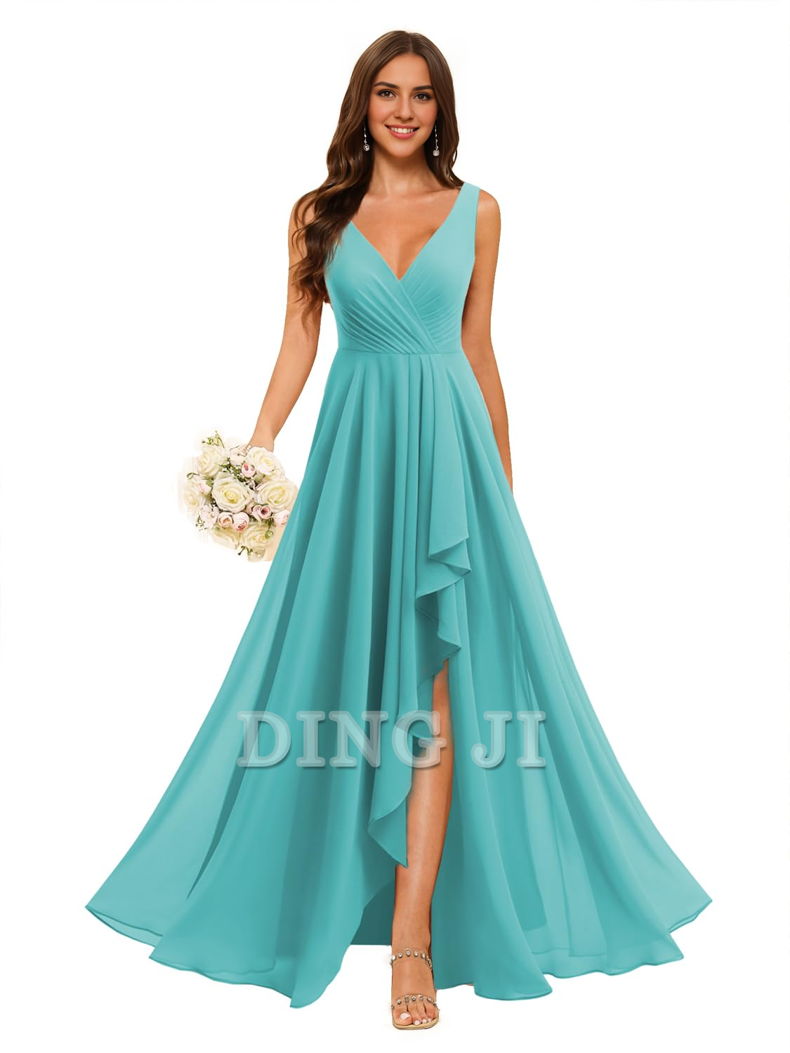 DingJiDress Bridesmaid Dresses A-line V Neck Chiffon Ruched Side Fork Elegant Simple Formal Wear Dresses