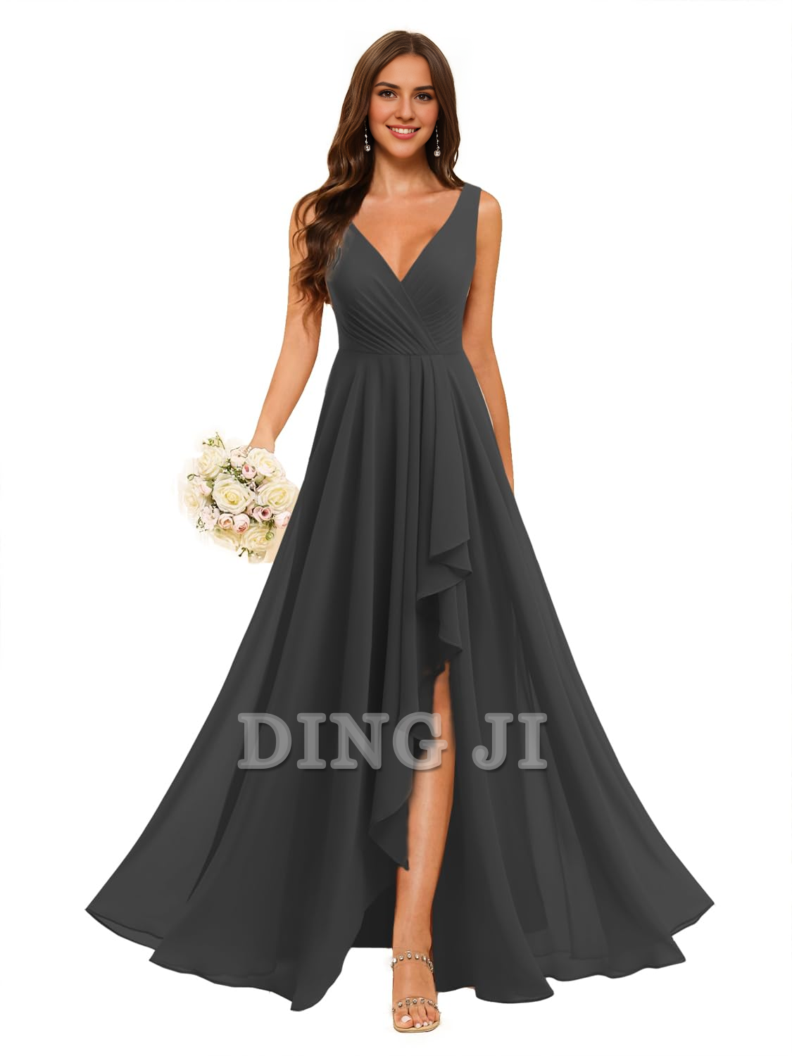 DingJiDress Bridesmaid Dresses A-line V Neck Chiffon Ruched Side Fork Elegant Simple Formal Wear Dresses