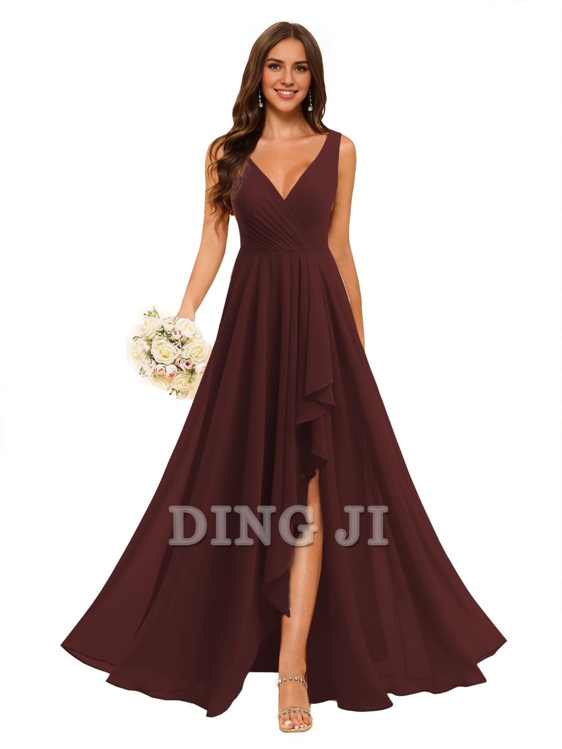 DingJiDress Bridesmaid Dresses A-line V Neck Chiffon Ruched Side Fork Elegant Simple Formal Wear Dresses