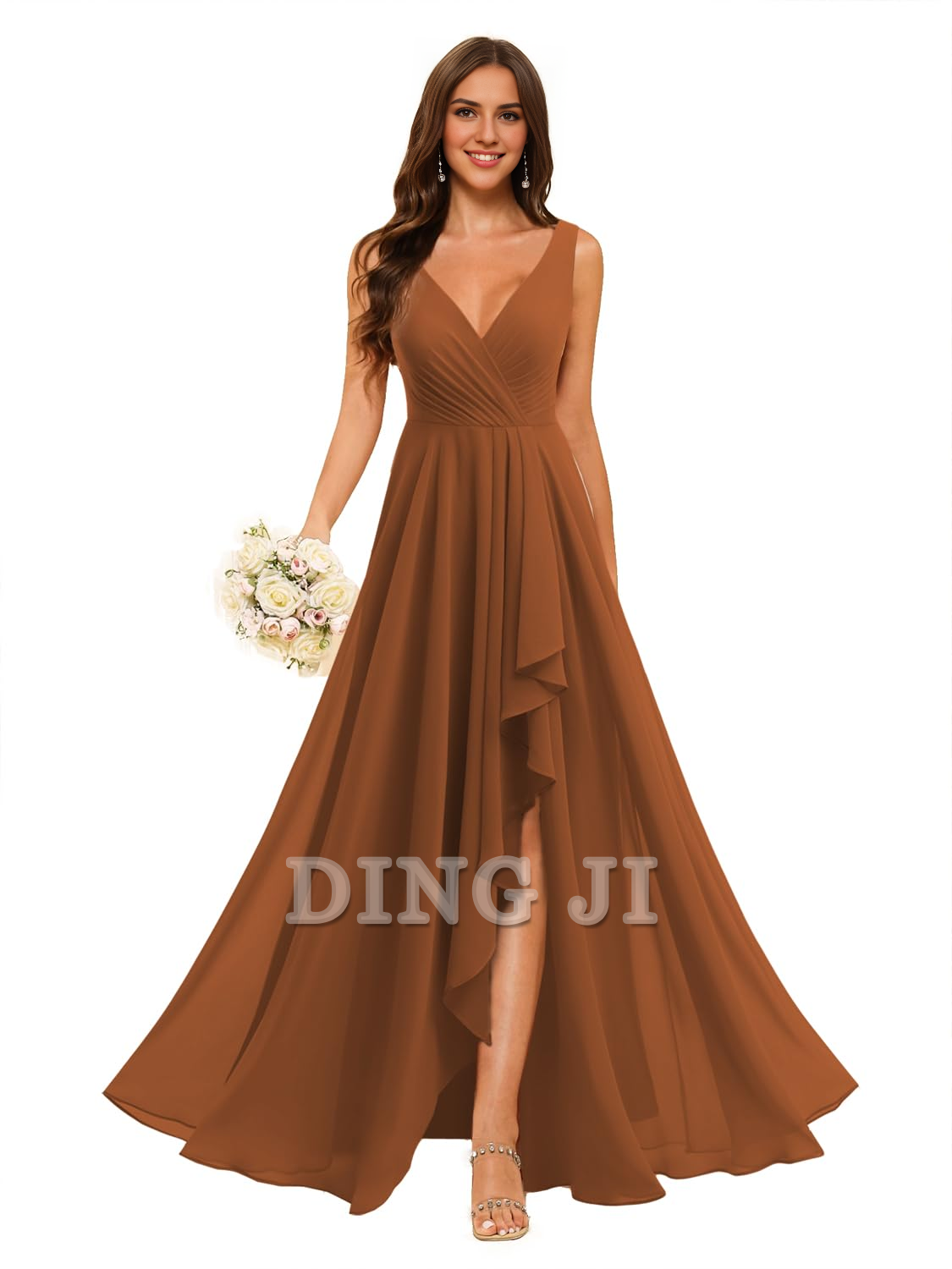 DingJiDress Bridesmaid Dresses A-line V Neck Chiffon Ruched Side Fork Elegant Simple Formal Wear Dresses