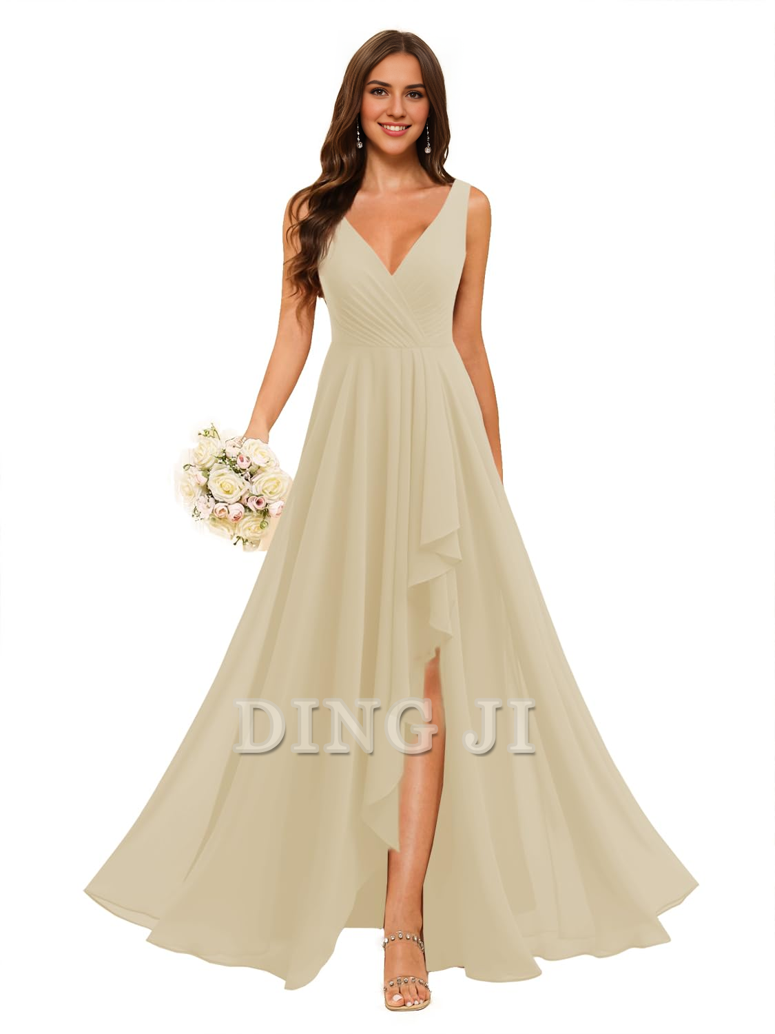 DingJiDress Bridesmaid Dresses A-line V Neck Chiffon Ruched Side Fork Elegant Simple Formal Wear Dresses