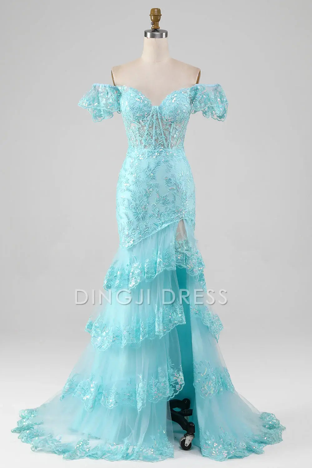 DingJiDress High Quality Dress Evening Dress Mermaid Off The Shoulder Lace Sequin Tiers Side Fork Sparkle Long Prom Dress