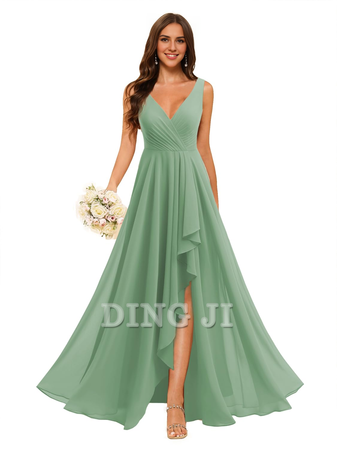 DingJiDress Bridesmaid Dresses A-line V Neck Chiffon Ruched Side Fork Elegant Simple Formal Wear Dresses