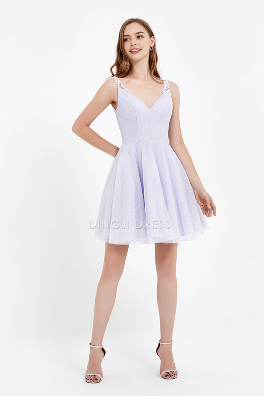 DingJiDress Hot Sale Homecoming Dress Fashion A Line V-Neck Backless Glitter Tulle Charming Short Dress