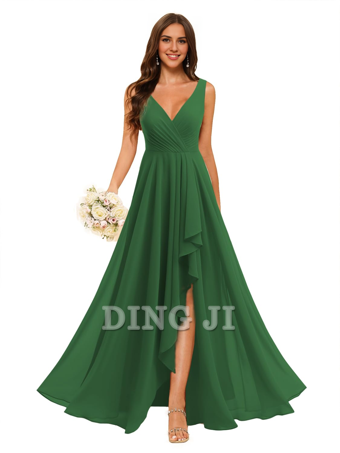 DingJiDress Bridesmaid Dresses A-line V Neck Chiffon Ruched Side Fork Elegant Simple Formal Wear Dresses