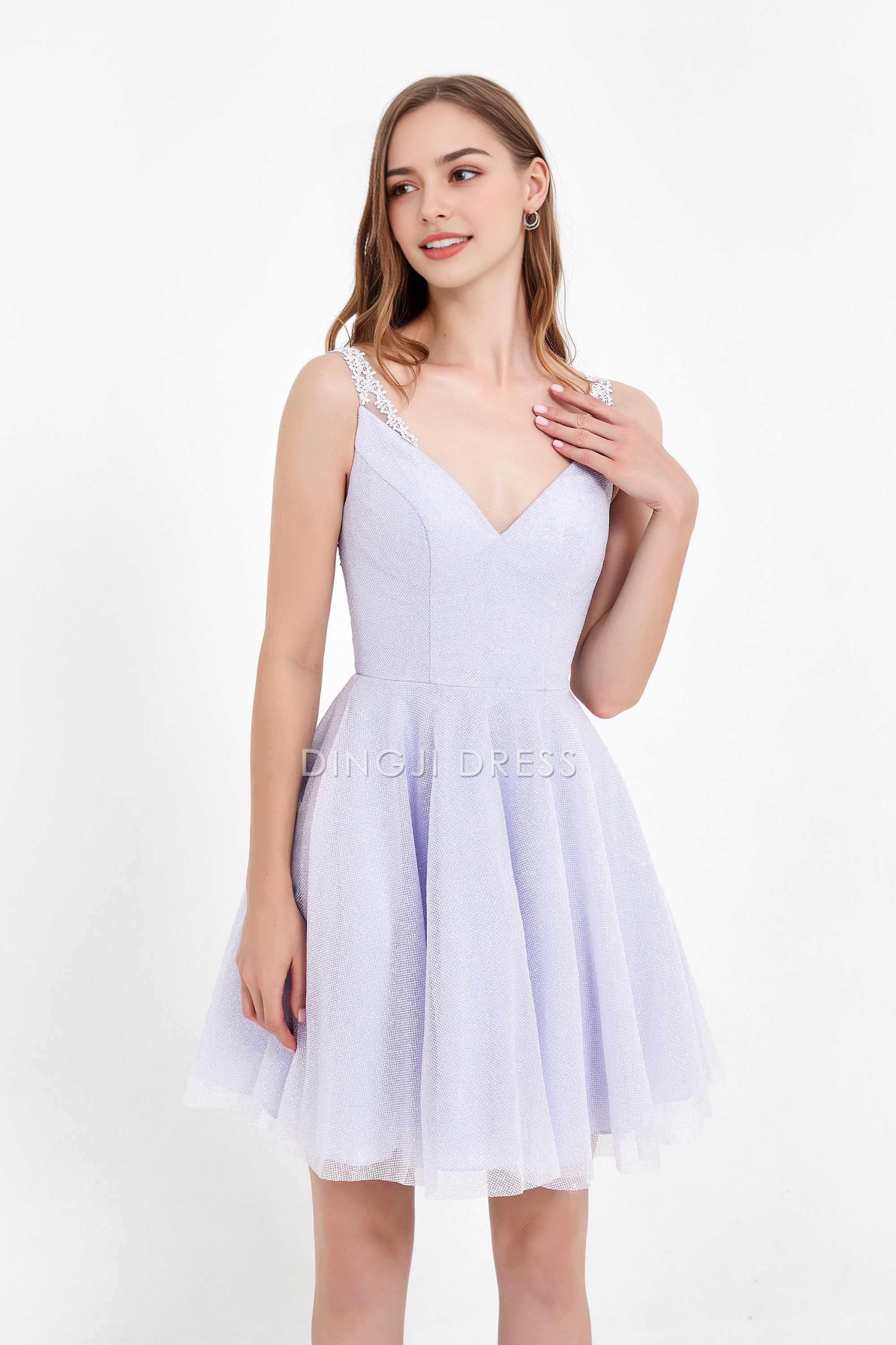 DingJiDress Hot Sale Homecoming Dress Fashion A Line V-Neck Backless Glitter Tulle Charming Short Dress