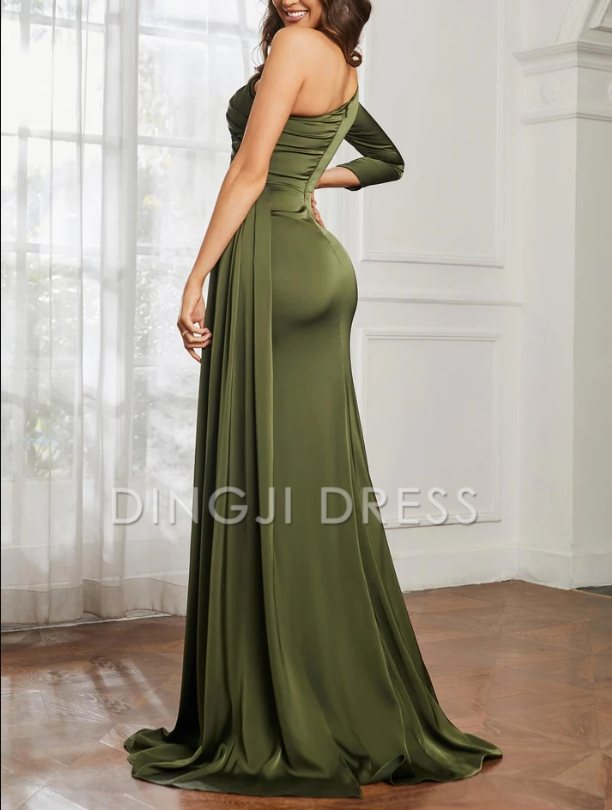 DingJiDress Evening Dress Sheath One Shoulder Long Sleeves Satin Pleated Side Fork Sweep Train Exquisite Formal Dress