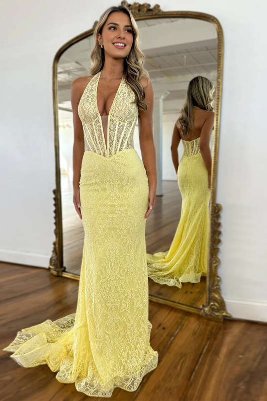 DingJiDress Cute Mermaid Halter Neck Backless Long Lace Exquisite Prom Dress