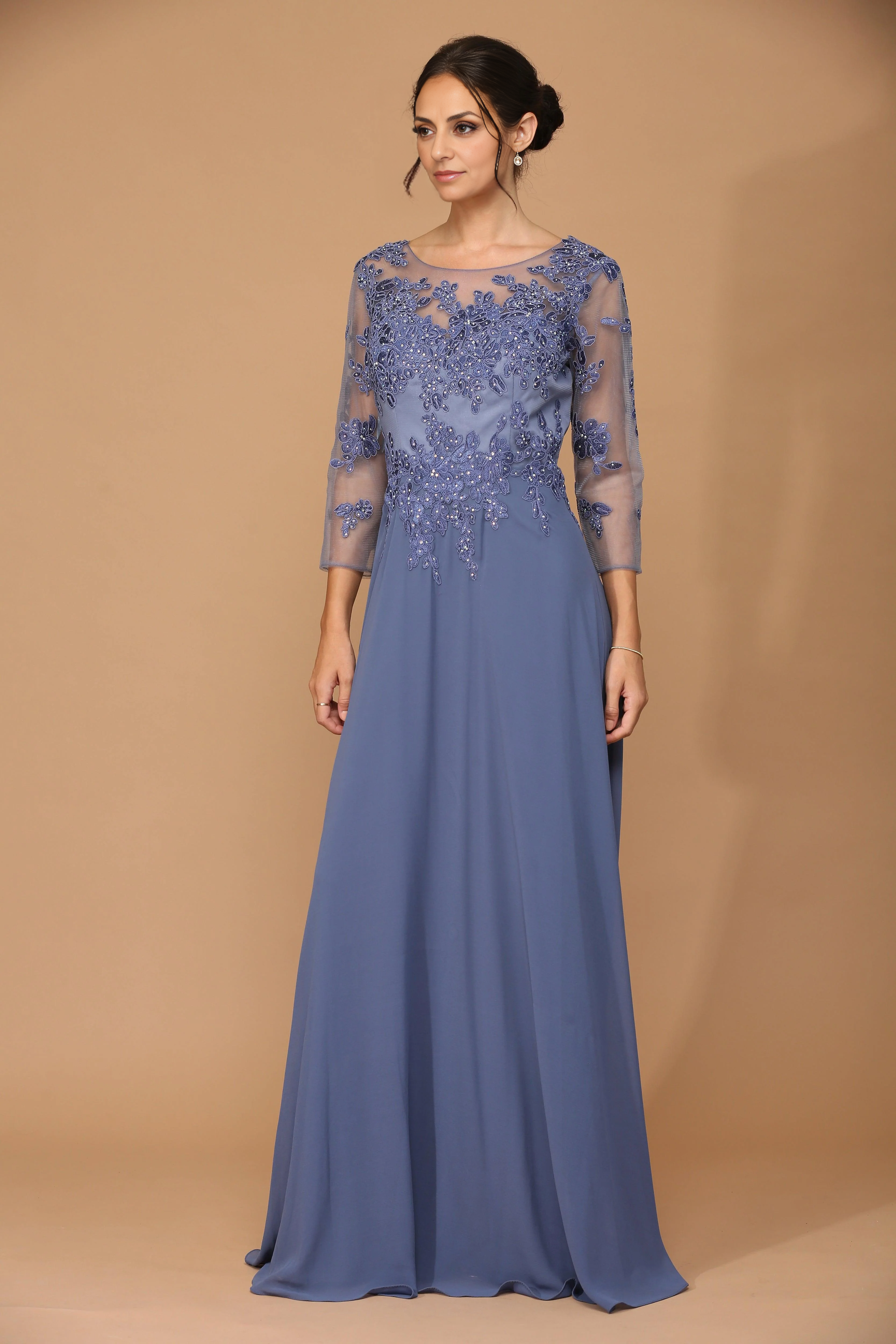 DingJiDress Evening Dress Round Neck 3/4 sleeves Lace Applique Stunning Long Dress Mother Of The Bride Dress
