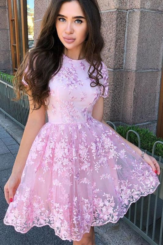 DingJiDress Short Prom Dress A Line Sleeves Short Lace Appliques Retro Homecoming Dress