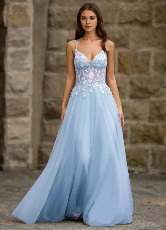 Blue Fashion A-line Spaghetti Strap Deep V Neck Bead String Flower Backless Exquisite Affordable Formal Dress Exquisite Prom Dress
