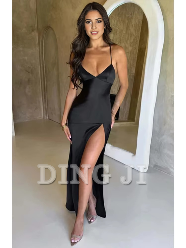 DingJiDress Evening Dress Bandage Backless Elegant Dress Side Fork Spaghetti Strap Slim Cocktail Party Club Fashion Satin Solid Lace-Up Long Dresses Formal Wear Dresses