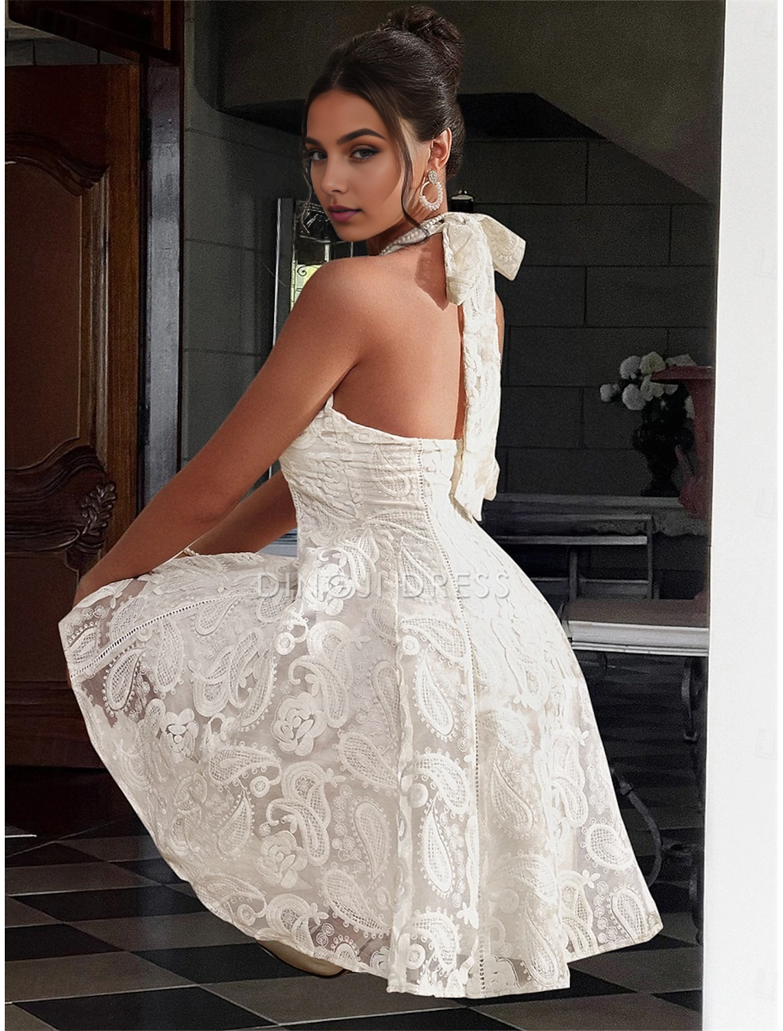 DingJiDress Hot Sale Short Prom Dress A-Line Elegant Formal Sleeveless Halter Neck Lace Backless Fashion New Homecoming Dress