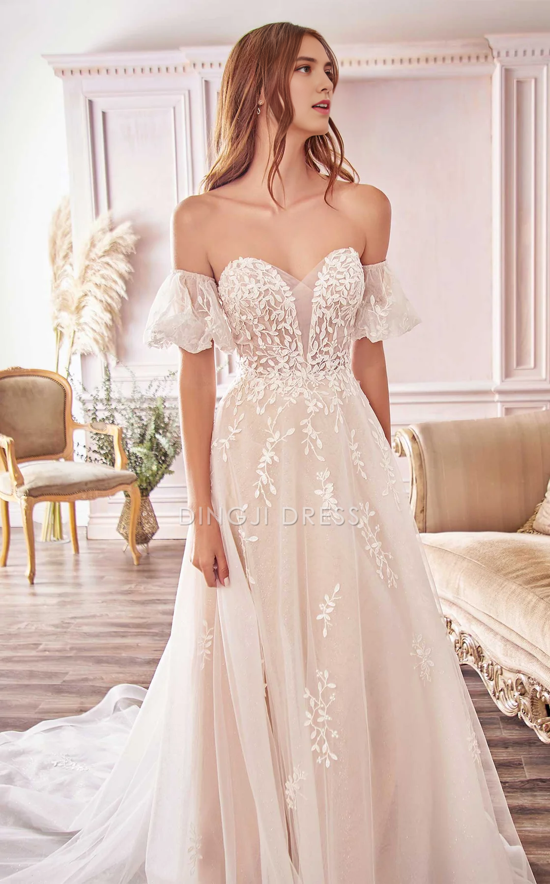 DingJiDress Hot Sale Wedding Dress Elegant A Line Off Shoulde Sweetheart Neckline Short Sleeves Backless Exquisite Lace Formal Wear Dresses