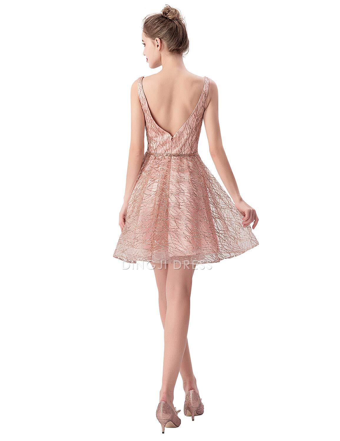 DingJiDress Short Prom Dress Charming A Line V Neck Sleeveless Unique Shiny Best Selling Homecoming Dress