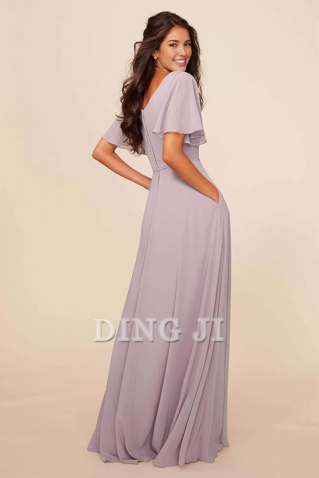 DingJiDress Bridesmaid Dresses Chiffon Modest A Line Bateau Neck Flutter Sleeve Elegant Formal Wear Dresses
