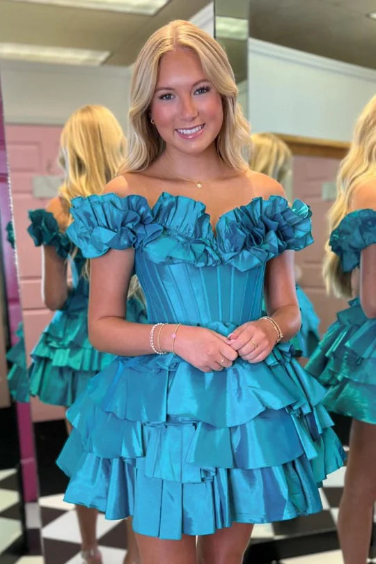 DingJiDress A-Line Empire-Waist Short Homecoming Dress Hot Pink Off the Shoulder Ruffle Satin